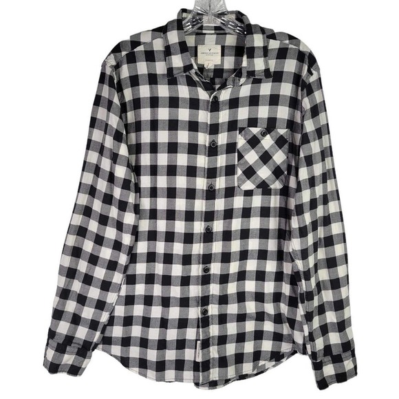 American Eagle AE Plaid Flannel Shirt Long Sleeve Button Up Black LS Soft - Picture 2 of 12